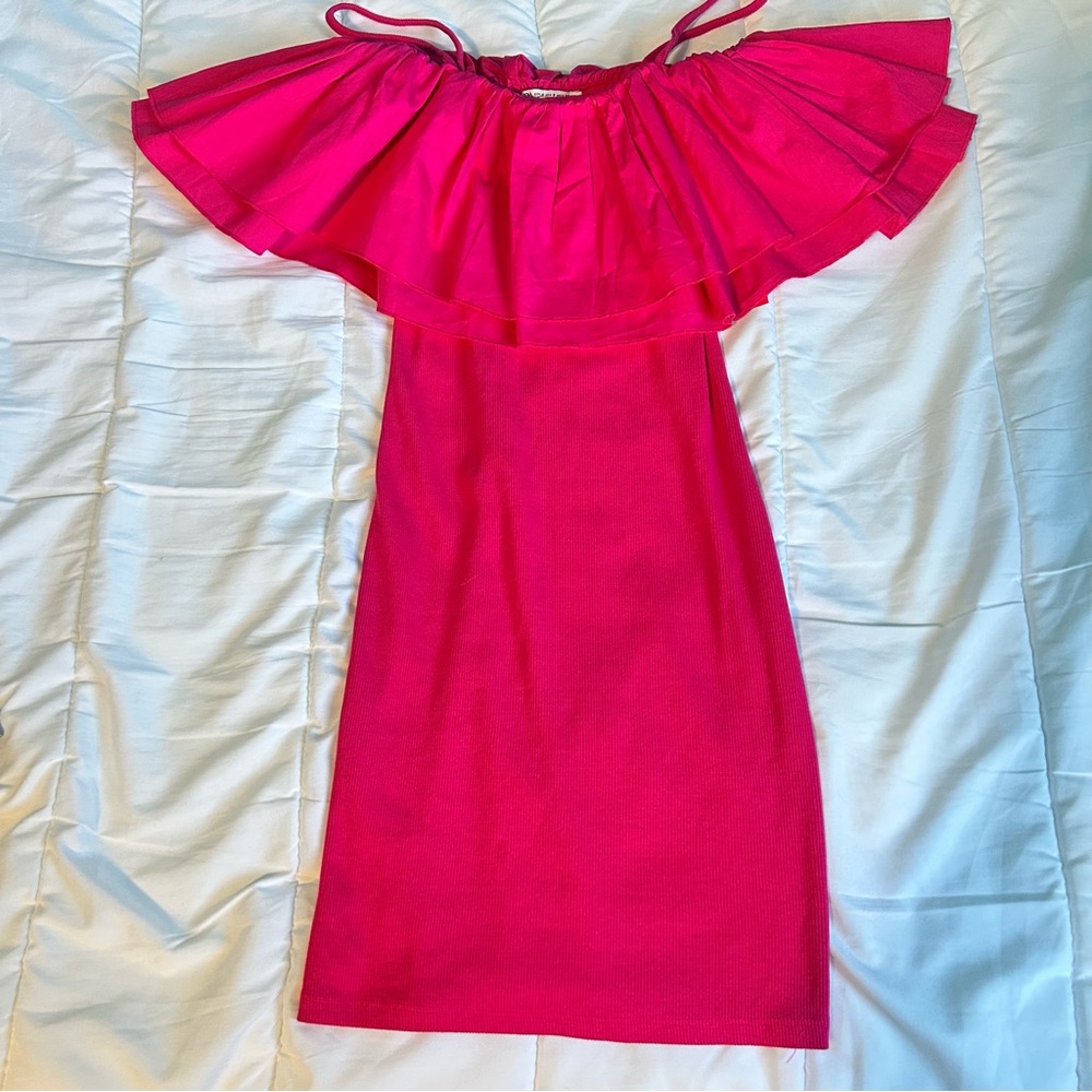 Zara Mini Dress Hot Pink Cotton Ribbed and Ruffled Bodycon Size Small